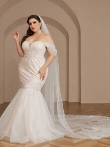 SHEIN Belle Vestido De Noiva Estilo Sereia Com Lantejoulas Barrocas Plus Size - Branco - Visão 3