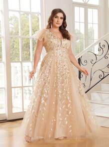 SHEIN Belle Plus Size Gold Prom Dress Quiet Luxury Floral Sequin Gradient Embroidered Mesh Sundress Elegant Evening Dress Formal Wedding Guest Gown, For Graduation, Dinner Party Dress - Black and White - View 6