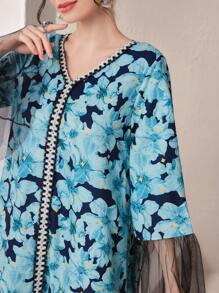 Al Najma Full Printed Mesh Contrast Flare Sleeve Arabian Dress With Floral Print - Multicolor - View 6