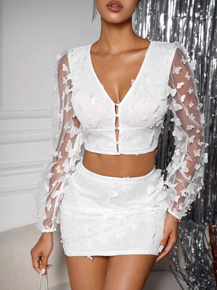 Women's Butterfly Applique Cropped Top And Skirt Set Fall Cloth For Women
