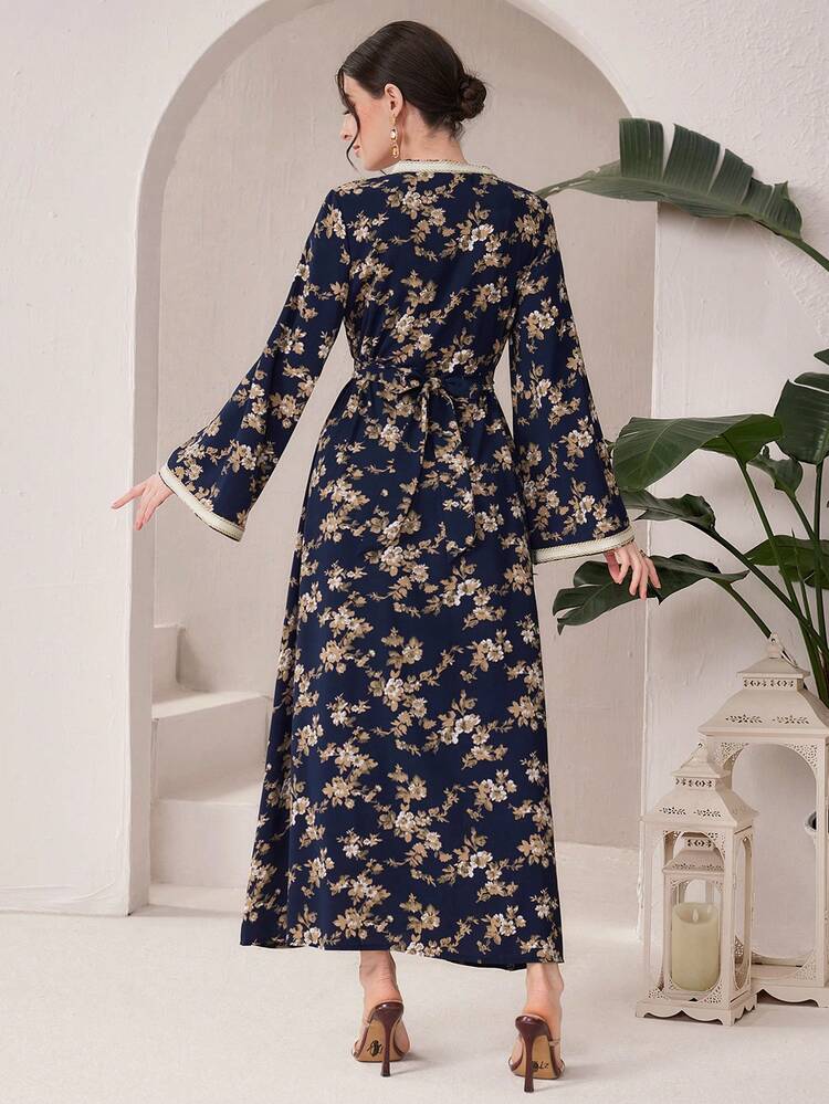 Floral Print Bell Sleeve Patchwork Lace Up Dress