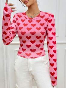 SHEIN Unity 女款心形圖案印花修身 T 卹 - 黑色 - 查看 5