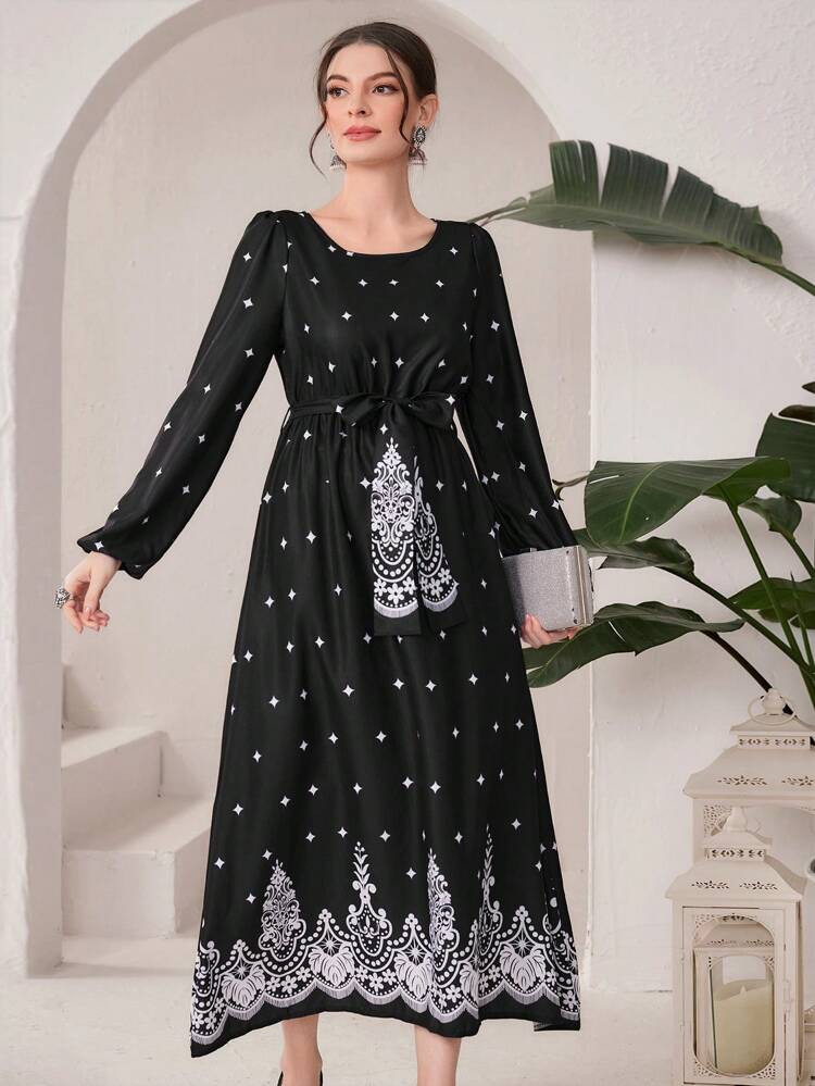 Women'S Polka Dot Printed Belted Lantern Sleeve Dress Fall Cloth For Women