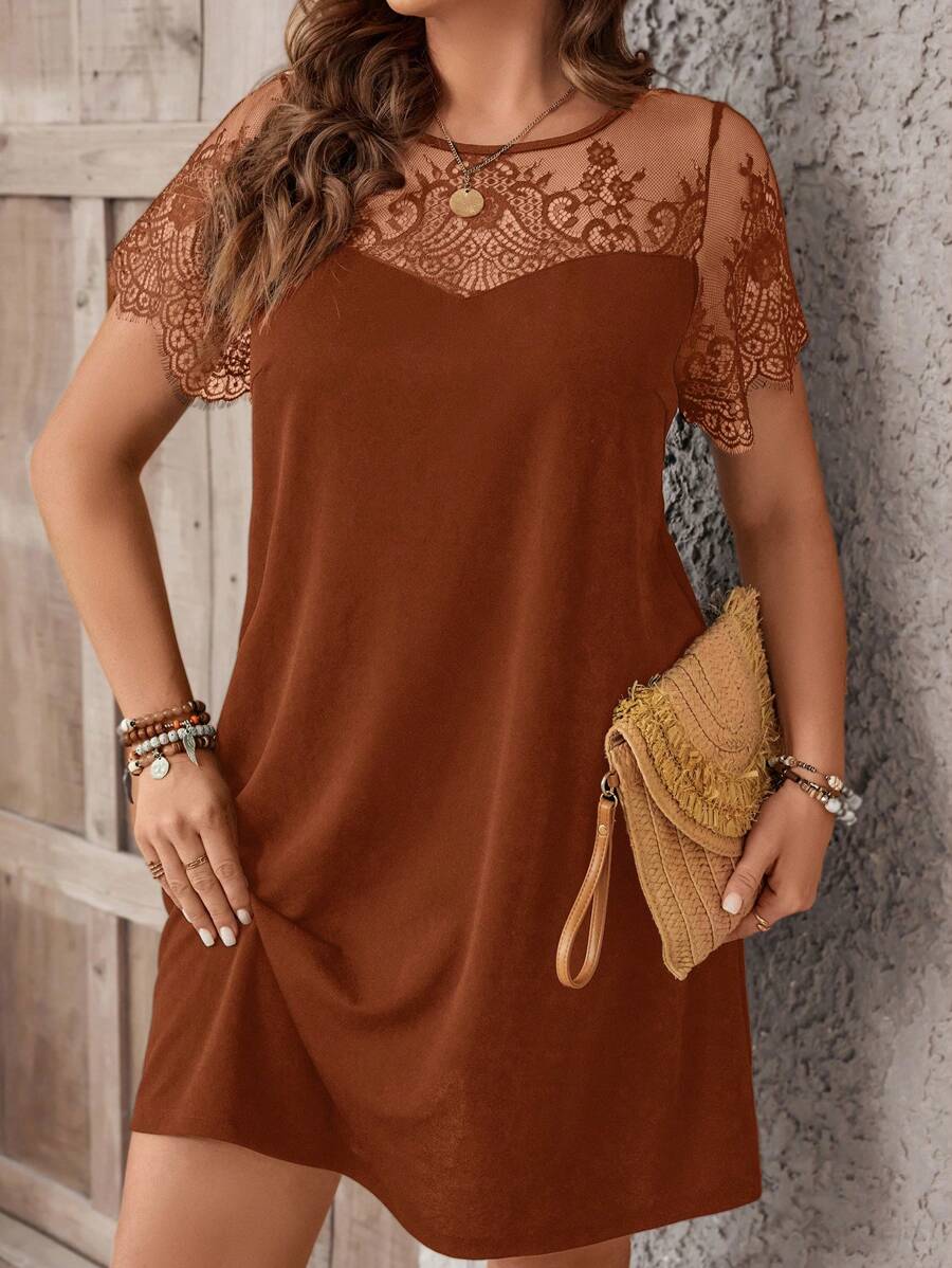 SHEIN Clasi Plus Size Net Yoke Short Sleeve Dress - Rust Brown - View 1