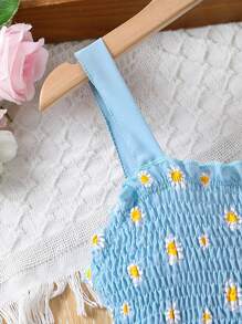 SHEIN Girls' Spaghetti Strap Daisy Print Mesh Vacation Dress - Blue - View 4