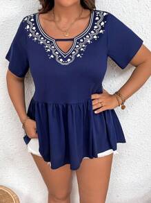 SHEIN LUNE Camiseta De Talla Grande Con Manga Corta Y Volantes En El Dobladillo - Azul Marino - Ver 4