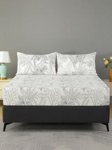 2/3pcs Fitted Sheet Sets, 90g Polyester Brushed Fabric, Plant & Flower Pattern, Includes 1 Fitted Sheet And 2 Pillowcases - White - View 5