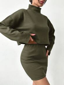 SHEIN Cottnline Turtleneck Ribbed Stripe Knit Long Sleeve Top + Mini Skirt Two Piece Set - Black - View 3