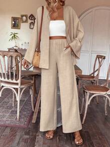 SHEIN LUNE Của phụ nữ Tay áo dài Áo khoác Và Quần Hai chiếc Bộ - Màu Khaki - Xem 5