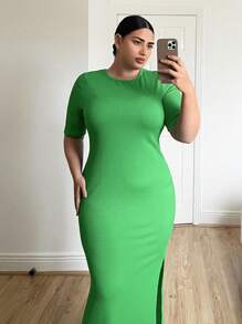 SHEIN Essnce Kích thước lớn Của phụ nữ Ngắn tay Bên Khe Giải trí Thể thao Đầm - màu xanh lá - Xem 1
