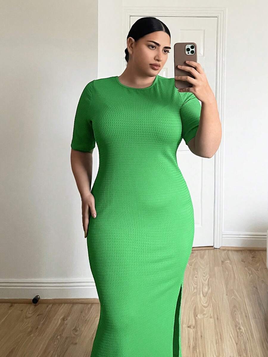 SHEIN Essnce Kích thước lớn Của phụ nữ Ngắn tay Bên Khe Giải trí Thể thao Đầm - màu xanh lá - Xem 1