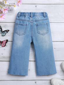 女嬰蝴蝶圖案直筒牛仔褲 - 中等水洗藍 - 查看 2