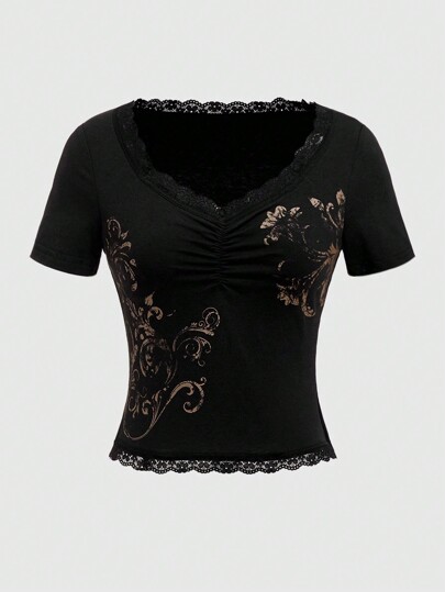 Fairycore Ladies' Floral Print V-Neck Black Lace Short Sleeve T-Shirt