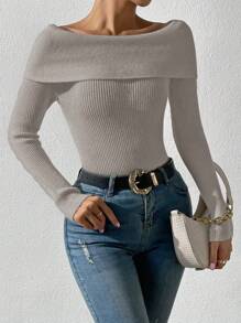 SHEIN Unity Off Shoulder Gợi cảm Linh hoạt Áo len - Xám - Xem 3