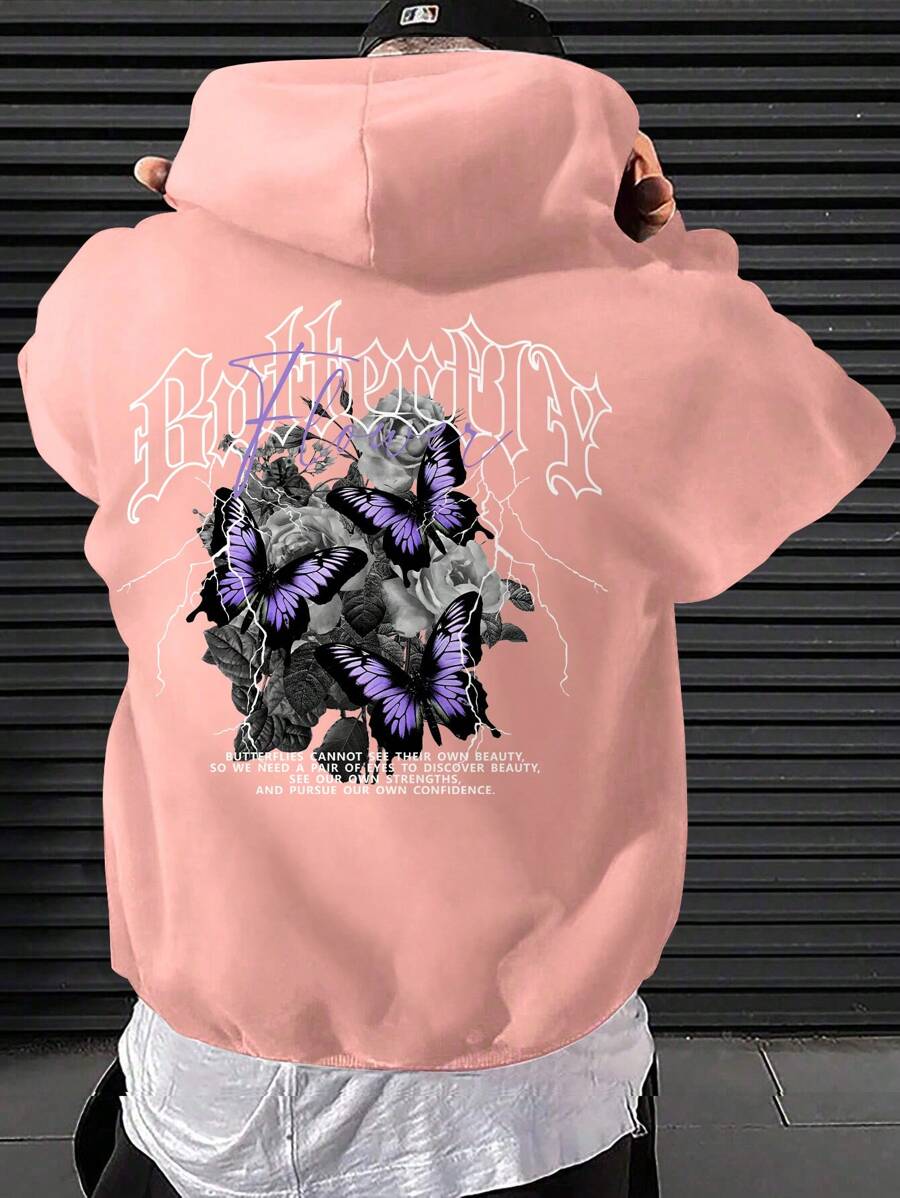 Manfinity EMRG 寬鬆男士蝴蝶和字母印花連帽運動衫 - 粉色 - 查看 1