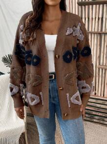 SHEIN LUNE 字母圖案加大號單排釦針織開衫 - 咖啡棕 - 查看 4