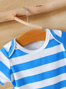 SHEIN Newborn Baby Boys' Summer Animal Print Romper + Striped Bodysuit + Hat + Bib Set