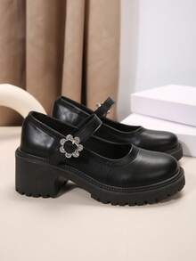 瑪麗珍婚鞋女款2024新款婚禮裙配備新娘增厚底帶扣帶粗跟高跟鞋 - 黑色 - 查看 3