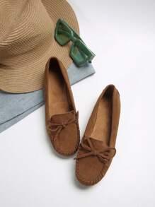 2025 Autumn Women's Suede Loafers With Bowknot, Comfortable Round Toe Flat Shoes Valentines - Brown - View 3
