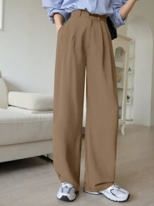 DAZY 纯色直筒商务休闲西装裤，女士正装裤秋冬 - 卡其色 - 查看 4