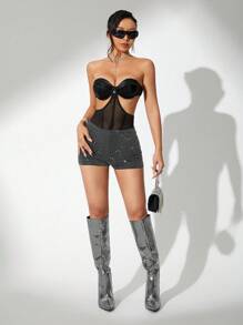 SHEIN ICON Y2k Summer Strapless Cupped Mesh Black Corset Bodysuit With Waist Cincher