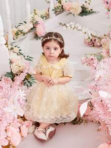Baby Girl Summer Cute Peter Pan Collar Short Sleeve Mesh Dress - Yellow - View 4