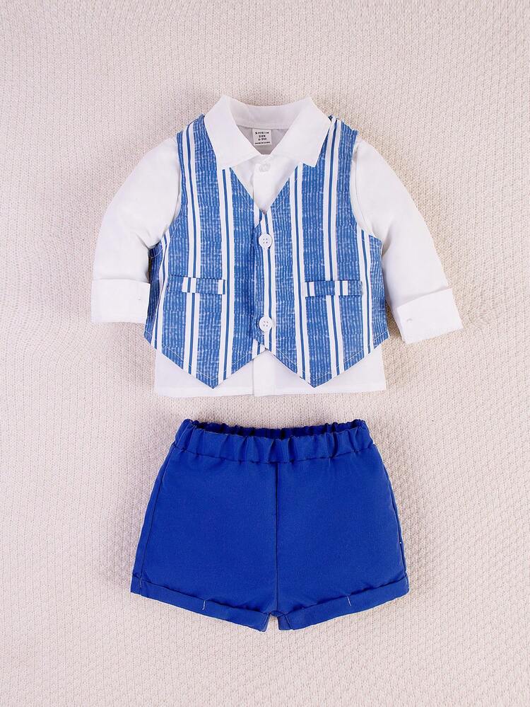 Cool And Gentleman Style Vest + Long Sleeve Shirt + Shorts Set For Baby Boy, Spring/Summer