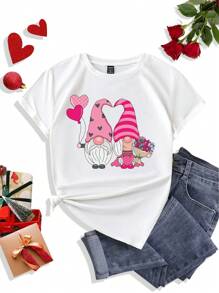 SHEIN LUNE Valentine's Day Women Heart Balloon Print Short Sleeve T-Shirt - White - View 1