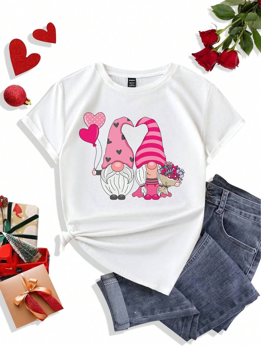 SHEIN LUNE Valentine's Day Women Heart Balloon Print Short Sleeve T-Shirt - White - View 1