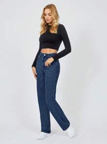 SHEIN Tall Straight Cut Casual Denim Jeans - Dark Wash - View 3