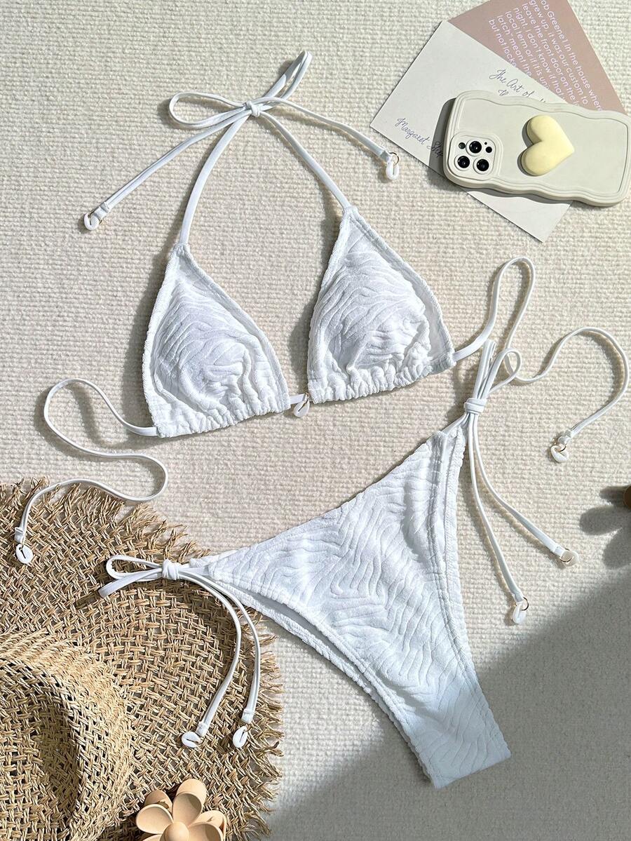 SHEIN Swim Quý cô Màu thuần Bộ Bikini Lễ hội hóa trang - trắng - Xem 1