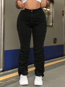 SHEIN ICON Slim-fit-cargo-jeanshose In Übergröße Mit Faltendetails - Schwarz - Übersicht 3