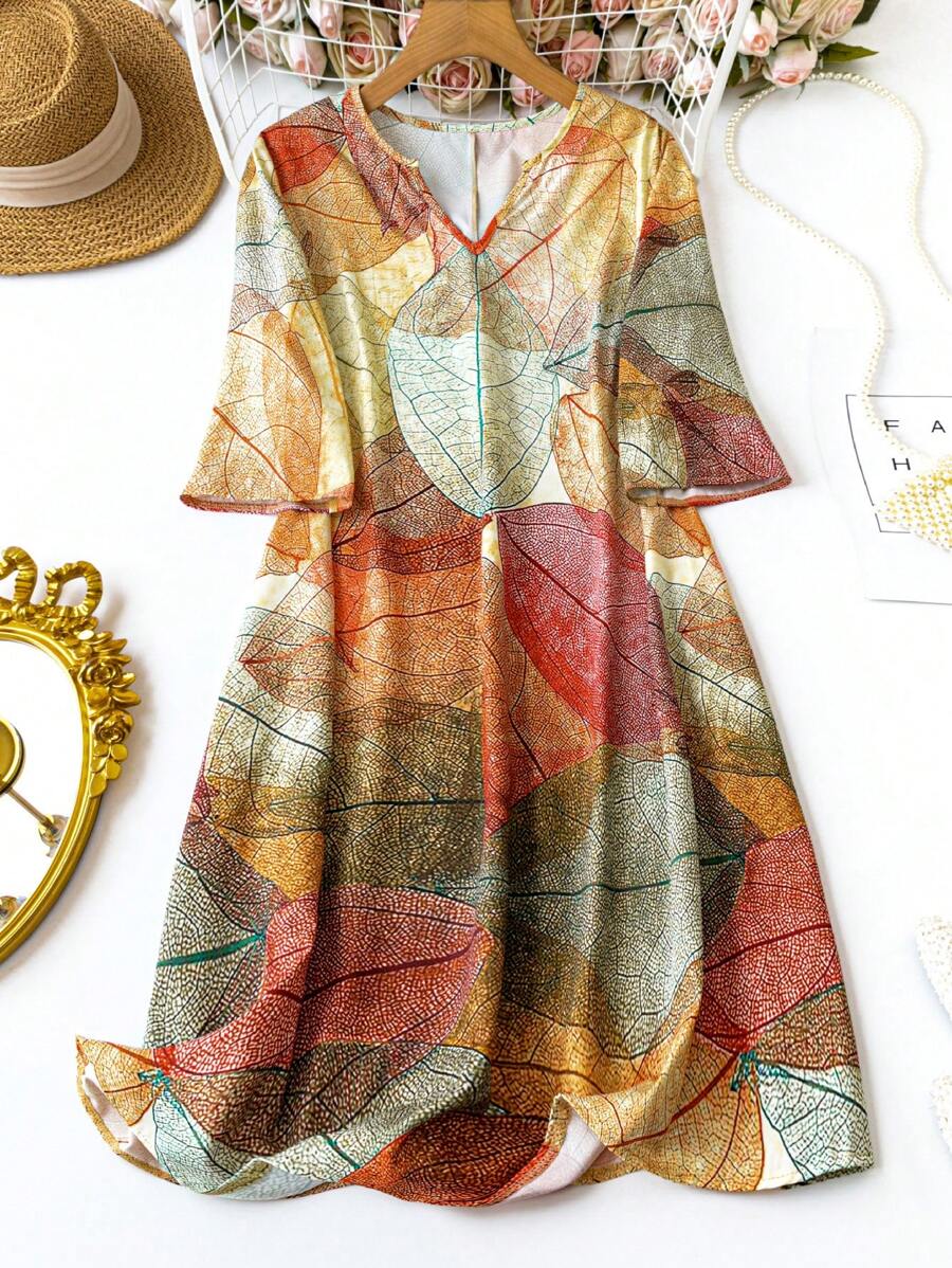 SHEIN LUNE Plus Size Summer Notched Collar Printed Dress - Multicolor - View 1