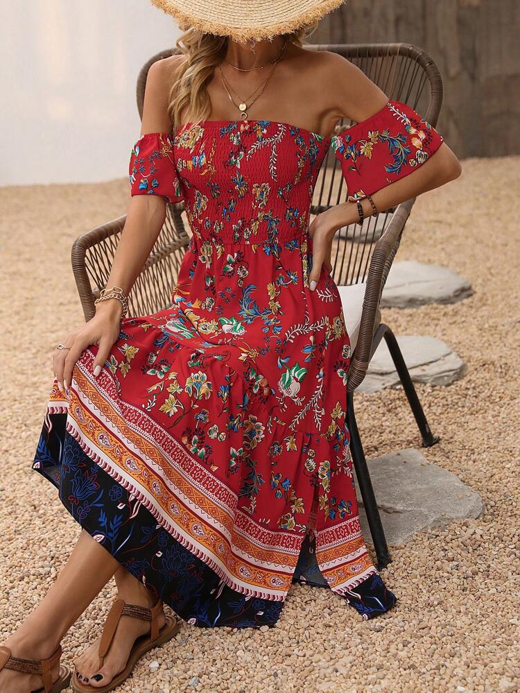 Random Printed Off-Shoulder Dress With Split Hem