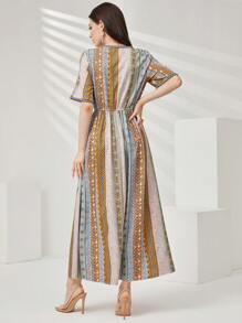 Seusyu 幾何條紋圖案阿拉伯短袖連衣裙 - 黃色 - 查看 2