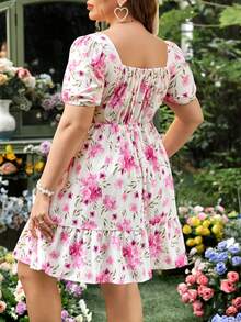 SHEIN Franclia 大碼花卉印花蓬蓬短袖連衣裙 - 彩色 - 查看 3