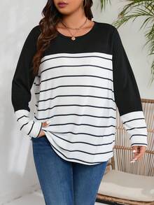 SHEIN LUNE Kích thước lớn Của phụ nữ Vòng cổ Sọc Tay áo dài Áo thun - Đen và trắng - Xem 6