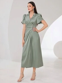 Modelyn 女士花瓣短袖褶皱连衣裙，优雅晚会礼服长款晚礼服