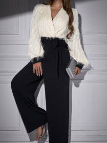 Zolique Contrast Color Fringe Wrap Tie Waist Jumpsuit - Apricot - View 1