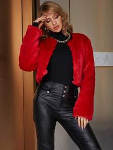 Eilly Bazar Solid Fuzzy Coat - Red - View 3