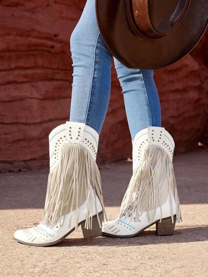 Styleloop Botas vaqueras de media pantorrilla con remaches y flecos personalizadas de moda para mujer