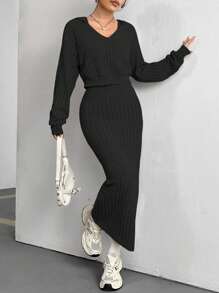 Flirla Solid Color Drop Shoulder Hoodie And Skirt Set