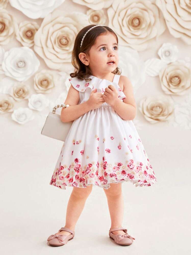SHEIN Vestido Floral De Niña Con Volantes Y Patrón De Rosas Para Vacaciones Casuales - Blanco - Ver 3