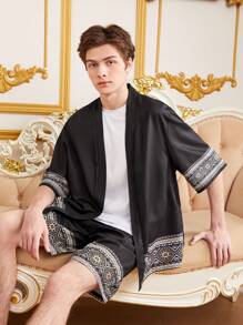 SHEIN Teen Boy Casual Loose-Fit Geometric Pattern Cardigan And Shorts Set - Multicolor - View 6