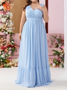 SHEIN Belle Nút Kích thước lớn Của phụ nữ Cổ chữ V Đầm dạ hội - Màu xanh lam - Xem 3