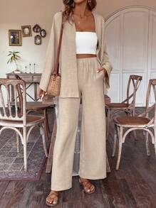 SHEIN LUNE Của phụ nữ Tay áo dài Áo khoác Và Quần Hai chiếc Bộ - Màu Khaki - Xem 4