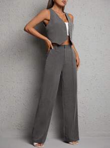 SHEIN PETITE Women's Single Breasted Suit Vest And Pants Set - Light Grey - View 3
