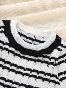 SHEIN 小女孩條紋圓領毛衣連身裙 - 黑與白 - 查看 4