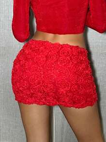 SHEIN ICON 低腰 3d 花卉装饰 Y2k 红色半身裙 - 紅色 - 查看 3