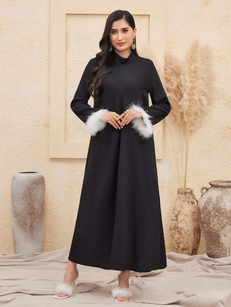 Women'S Stand Collar Dress With Furry Sleeve Cuffs Kaftan Jalabiya Dress